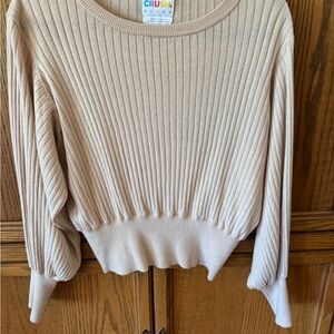 Cream Ribbed Crew Neck Sweater with Fitted Waistband. Cashmere blend